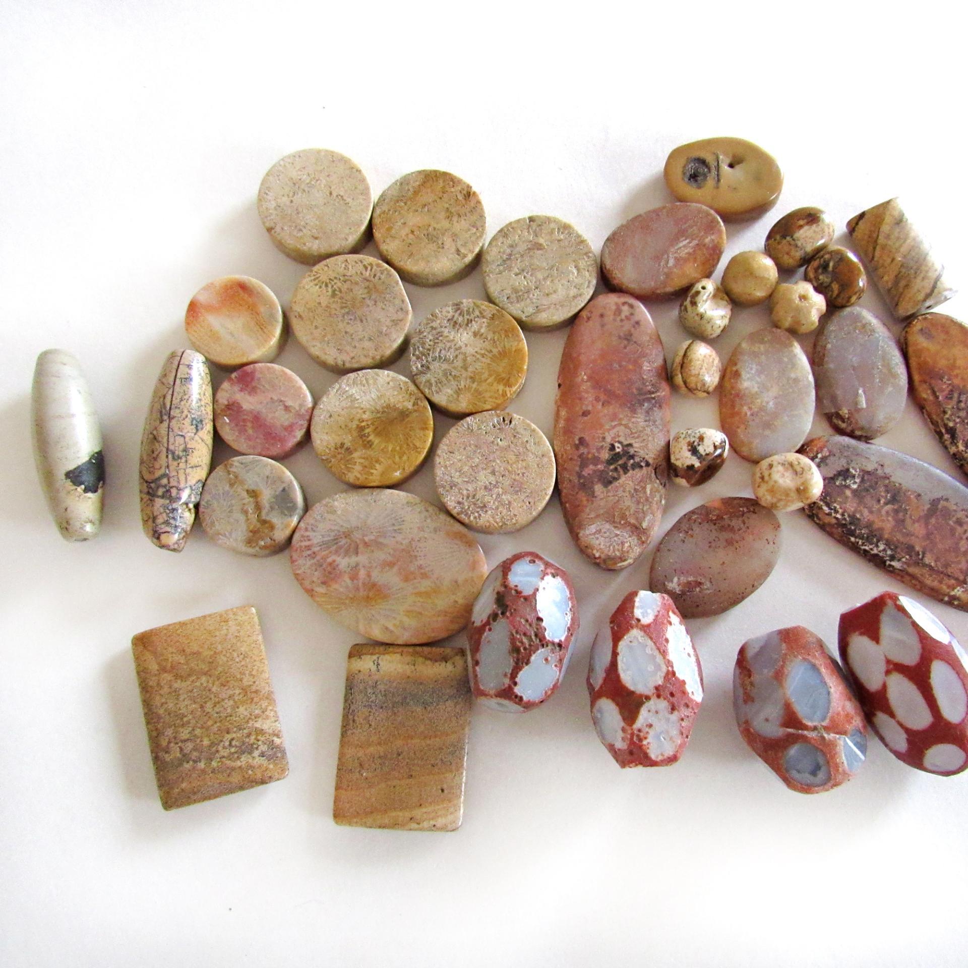 Large Mixed Natural Stone Bead Lot for Jewelry Making / Beading - Beige Fossil Coral, Rusty Brown Agates, Picture Jasper - Earth Tone Colors