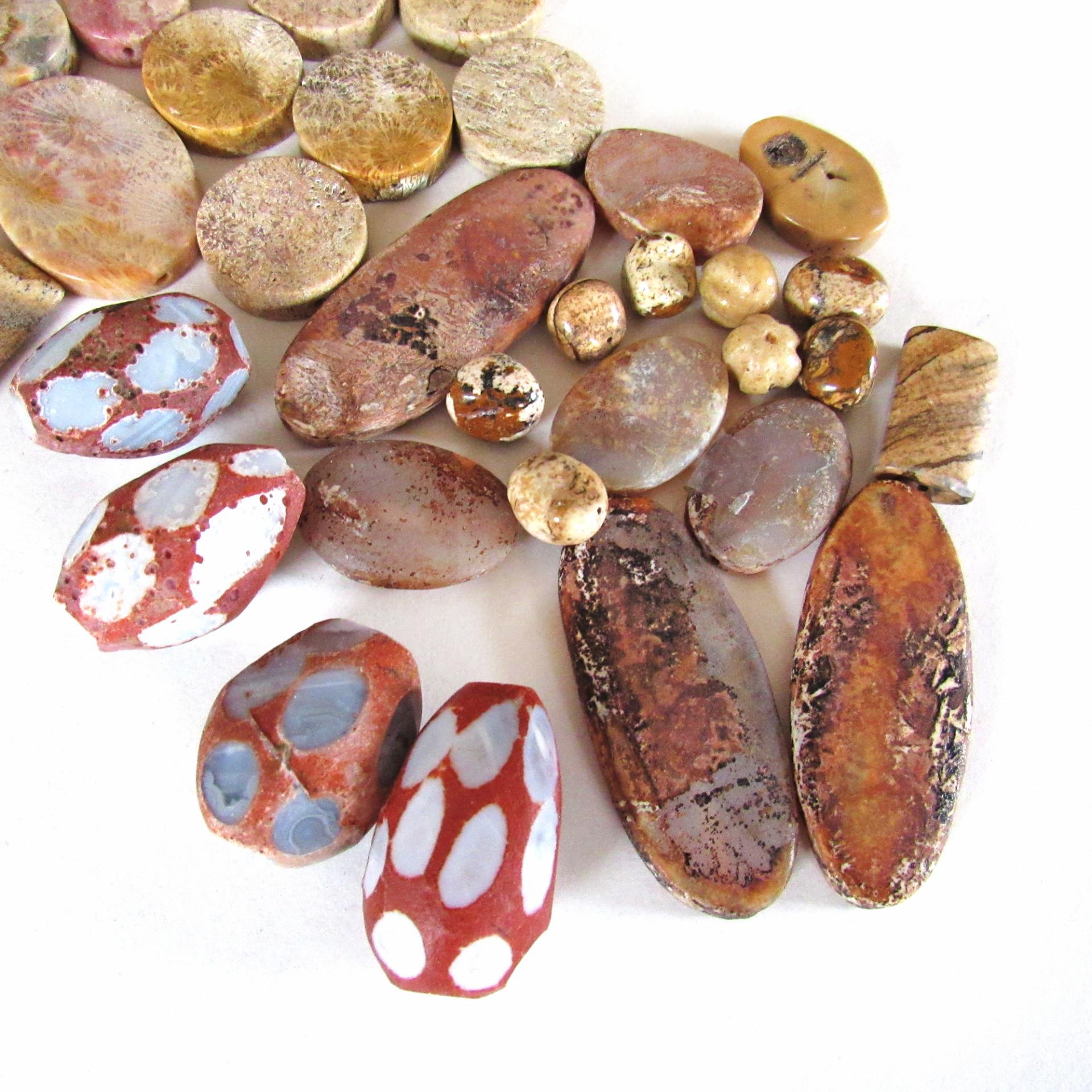Large Mixed Natural Stone Bead Lot for Jewelry Making / Beading - Beige Fossil Coral, Rusty Brown Agates, Picture Jasper - Earth Tone Colors
