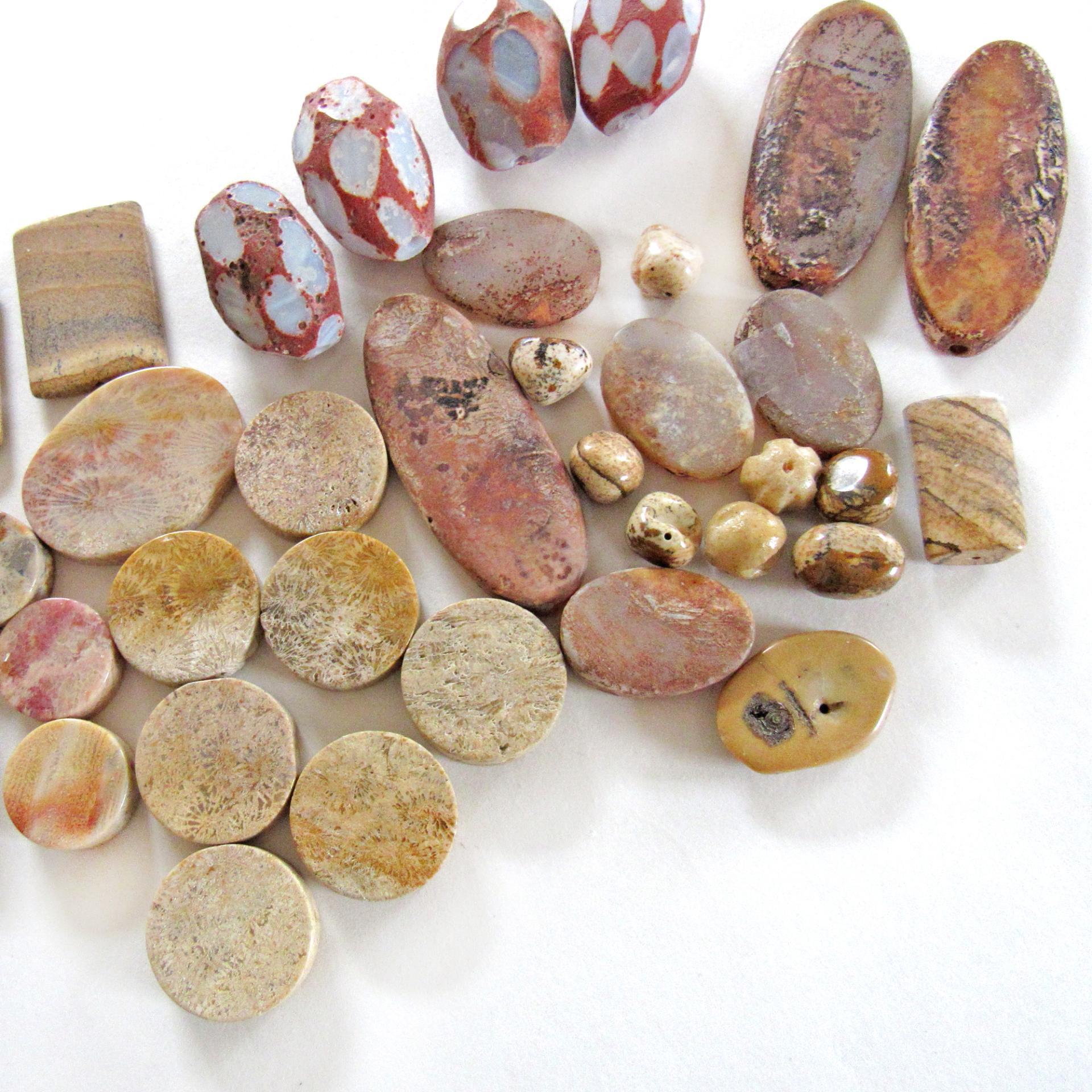 Large Mixed Natural Stone Bead Lot for Jewelry Making / Beading - Beige Fossil Coral, Rusty Brown Agates, Picture Jasper - Earth Tone Colors