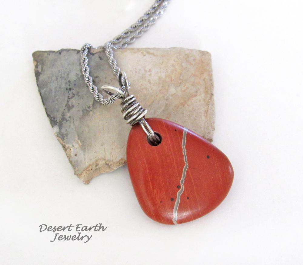 Red Jasper Pendant Necklace Wrapped in Sterling Silver - Earthy Natural Gemstone Jewelry