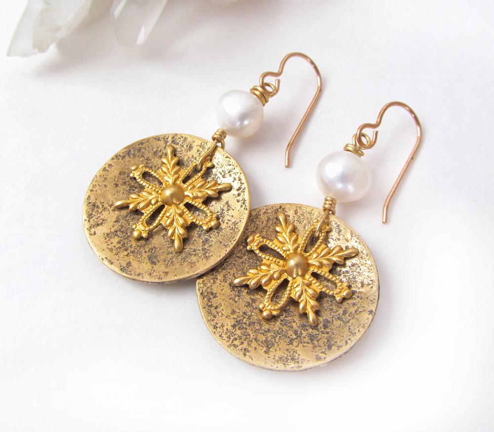 Gold Brass Snowflake Dangle Earrings with White Freshwater Pearls - Christmas Holiday Winter Jewelry