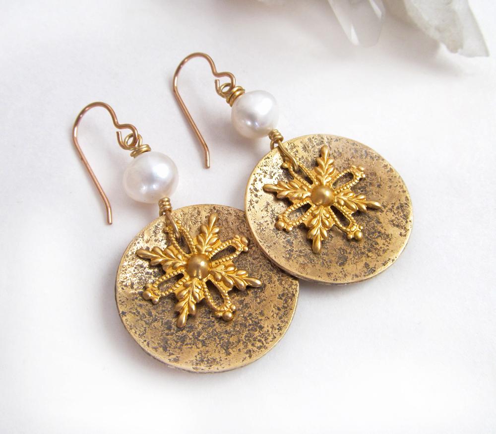Gold Brass Snowflake Dangle Earrings with White Freshwater Pearls - Christmas Holiday Winter Jewelry