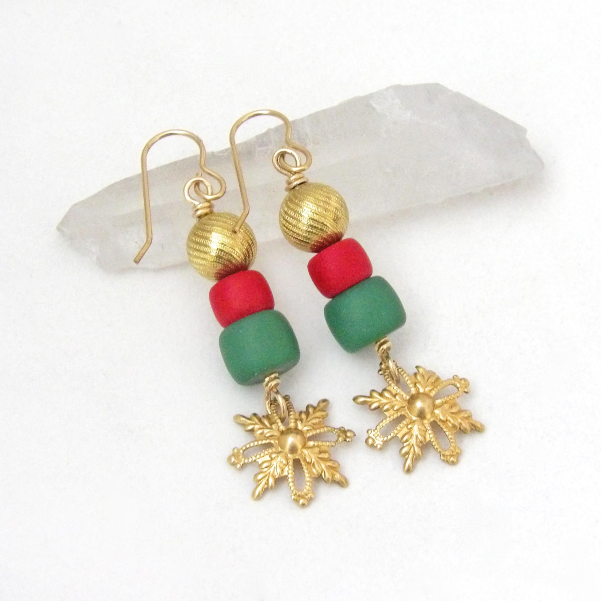 Gold Brass Snowflake Earrings with Red & Green Beads - Christmas Holiday Jewelry Gifts for Women