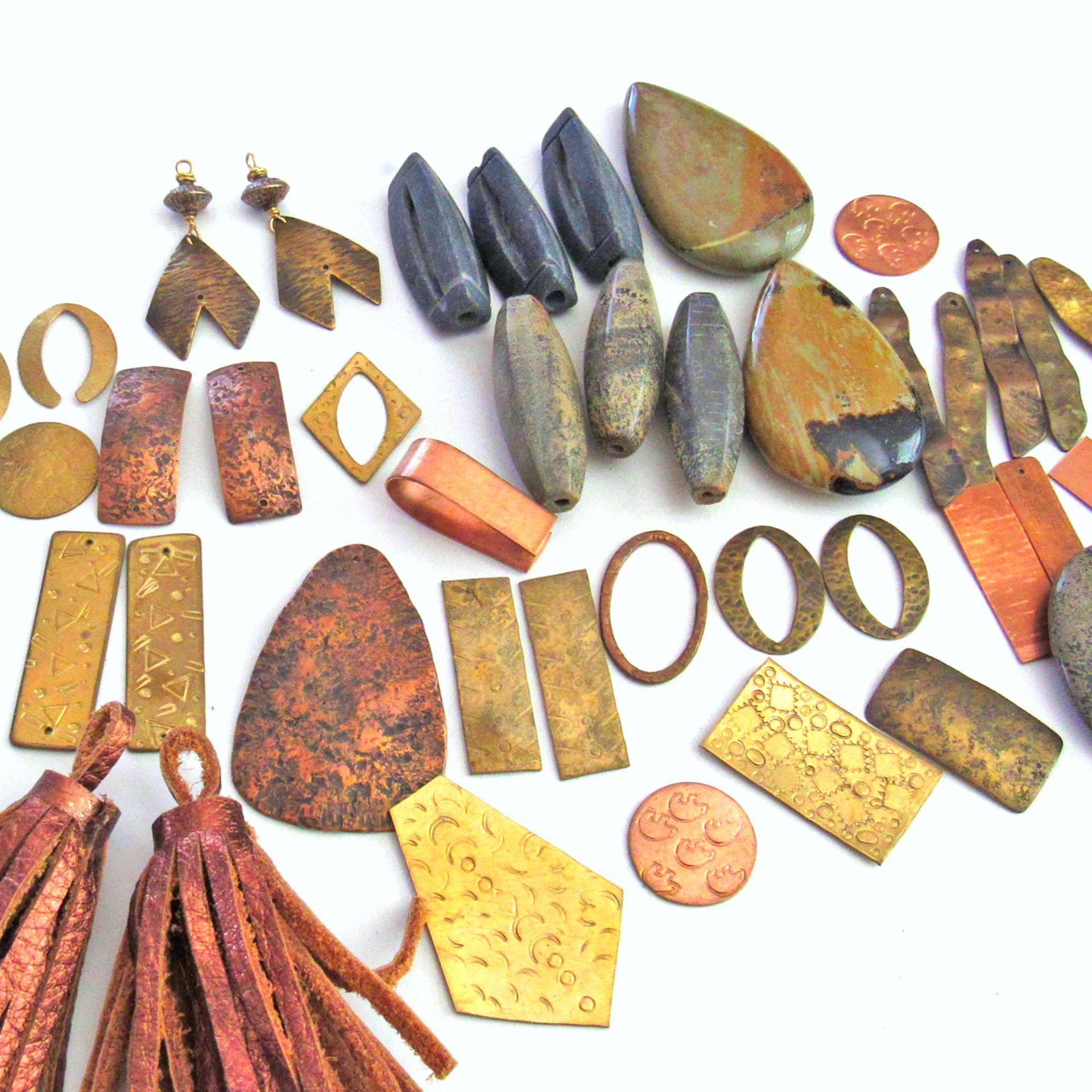 Stone and Metal Bead Lot for Jewelry Making - Brass Copper Metal Components, Large Leather Tassels, Jasper Stones, Pendant Focal Beads