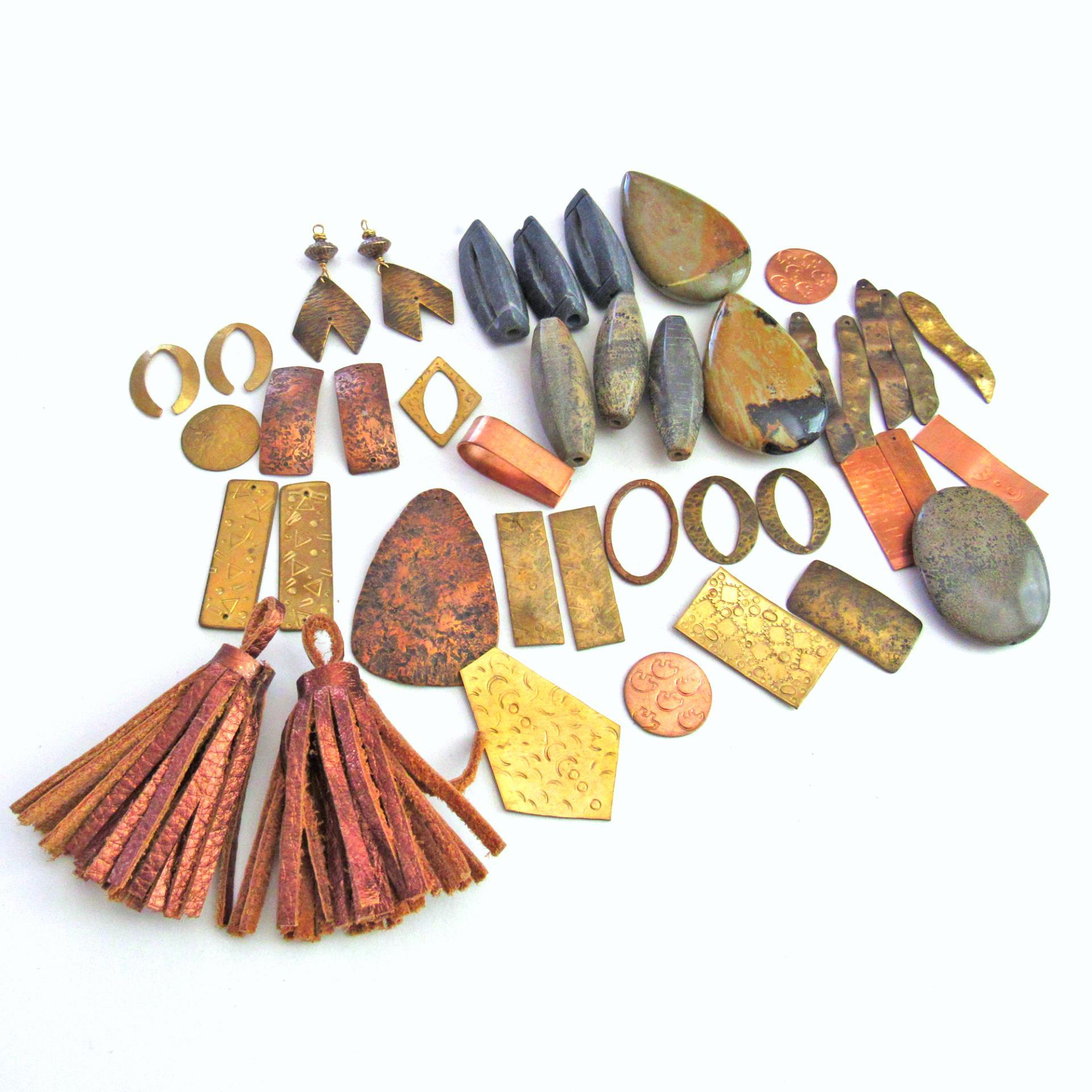 Stone and Metal Bead Lot for Jewelry Making - Brass Copper Metal Components, Large Leather Tassels, Jasper Stones, Pendant Focal Beads