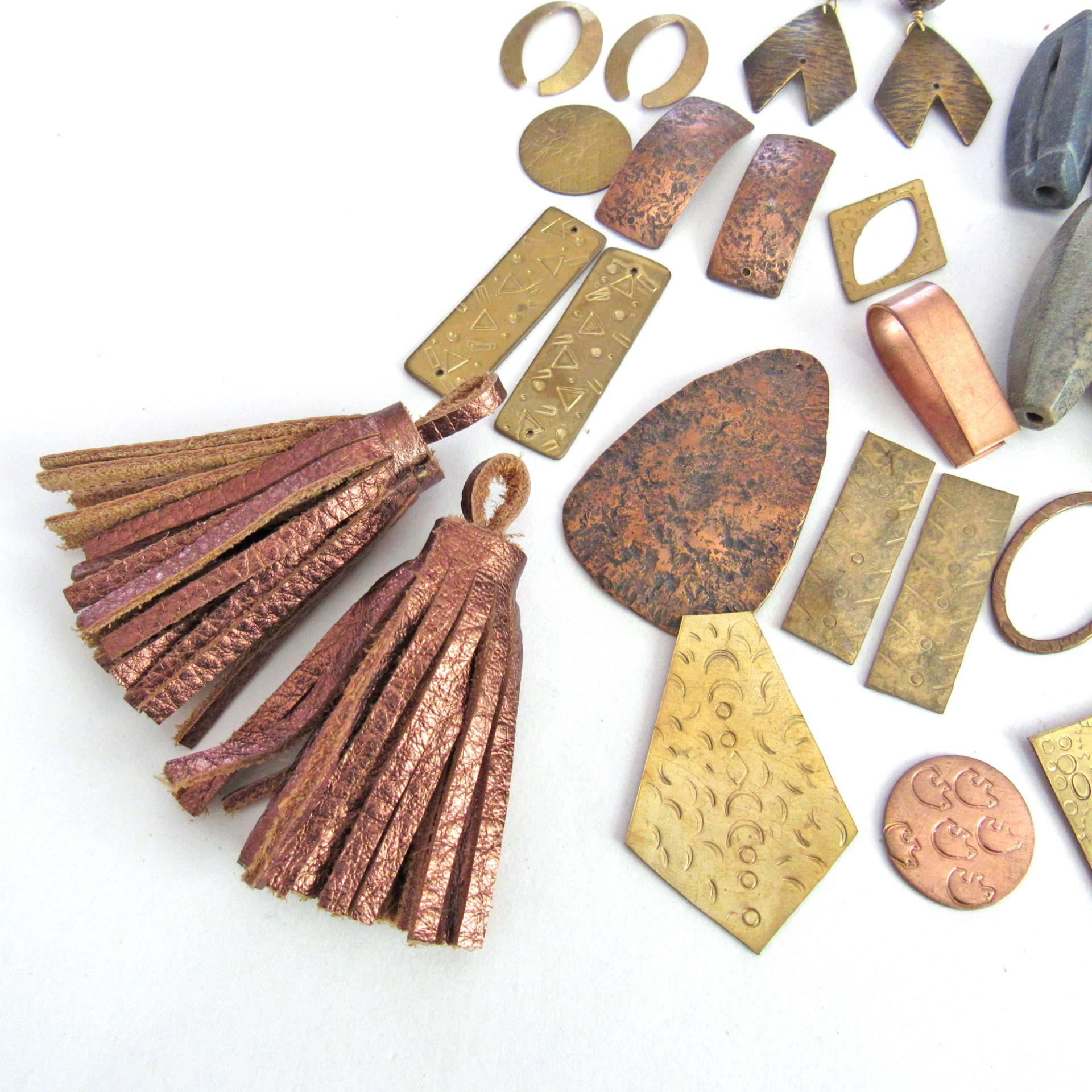 Stone and Metal Bead Lot for Jewelry Making - Brass Copper Metal Components, Large Leather Tassels, Jasper Stones, Pendant Focal Beads