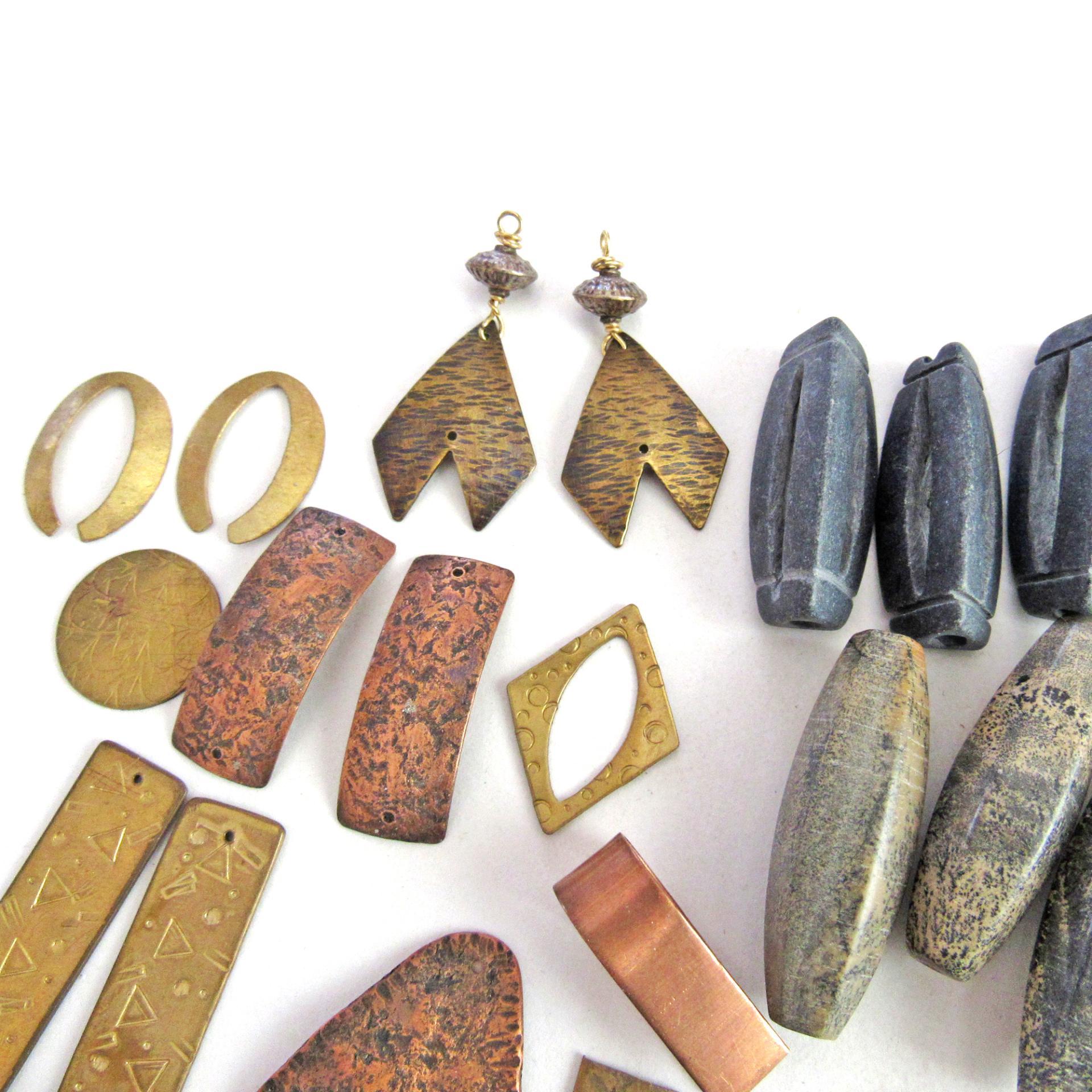 Stone and Metal Bead Lot for Jewelry Making - Brass Copper Metal Components, Large Leather Tassels, Jasper Stones, Pendant Focal Beads
