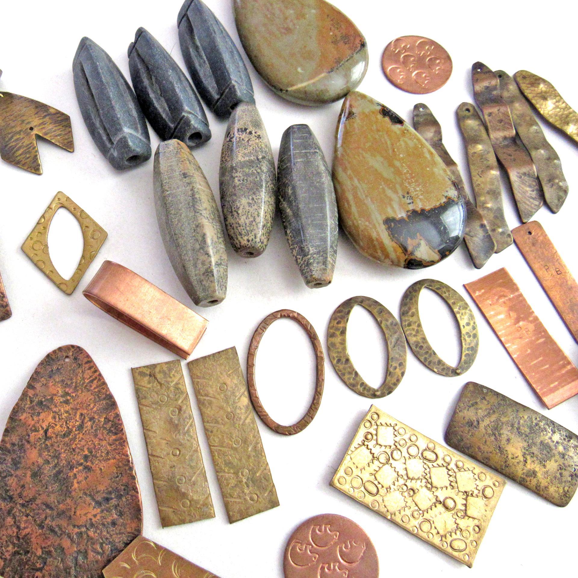 Stone and Metal Bead Lot for Jewelry Making - Brass Copper Metal Components, Large Leather Tassels, Jasper Stones, Pendant Focal Beads