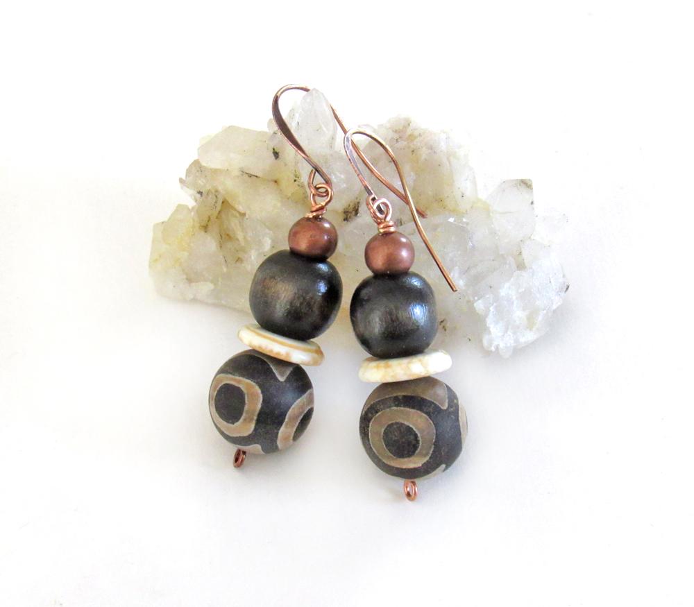 Tibetan Eye Agate Stone Earrings with Copper and Brown Wood Beads - Bohemian Ethnic African Style Jewelry
