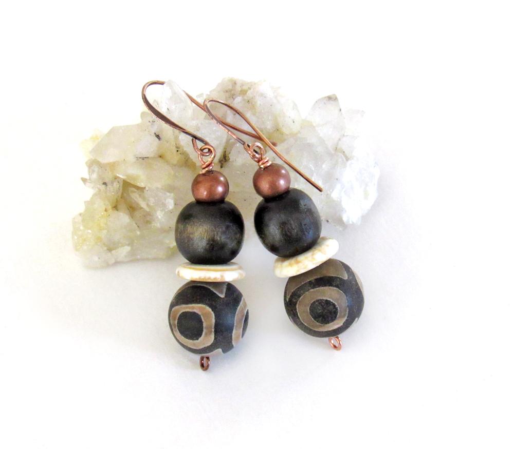 Tibetan Eye Agate Stone Earrings with Copper and Brown Wood Beads - Bohemian Ethnic African Style Jewelry
