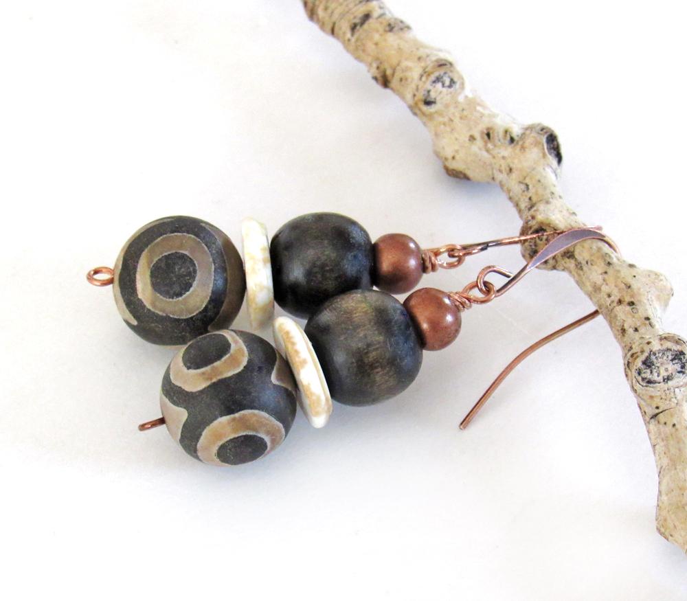 Tibetan Eye Agate Stone Earrings with Copper and Brown Wood Beads - Bohemian Ethnic African Style Jewelry