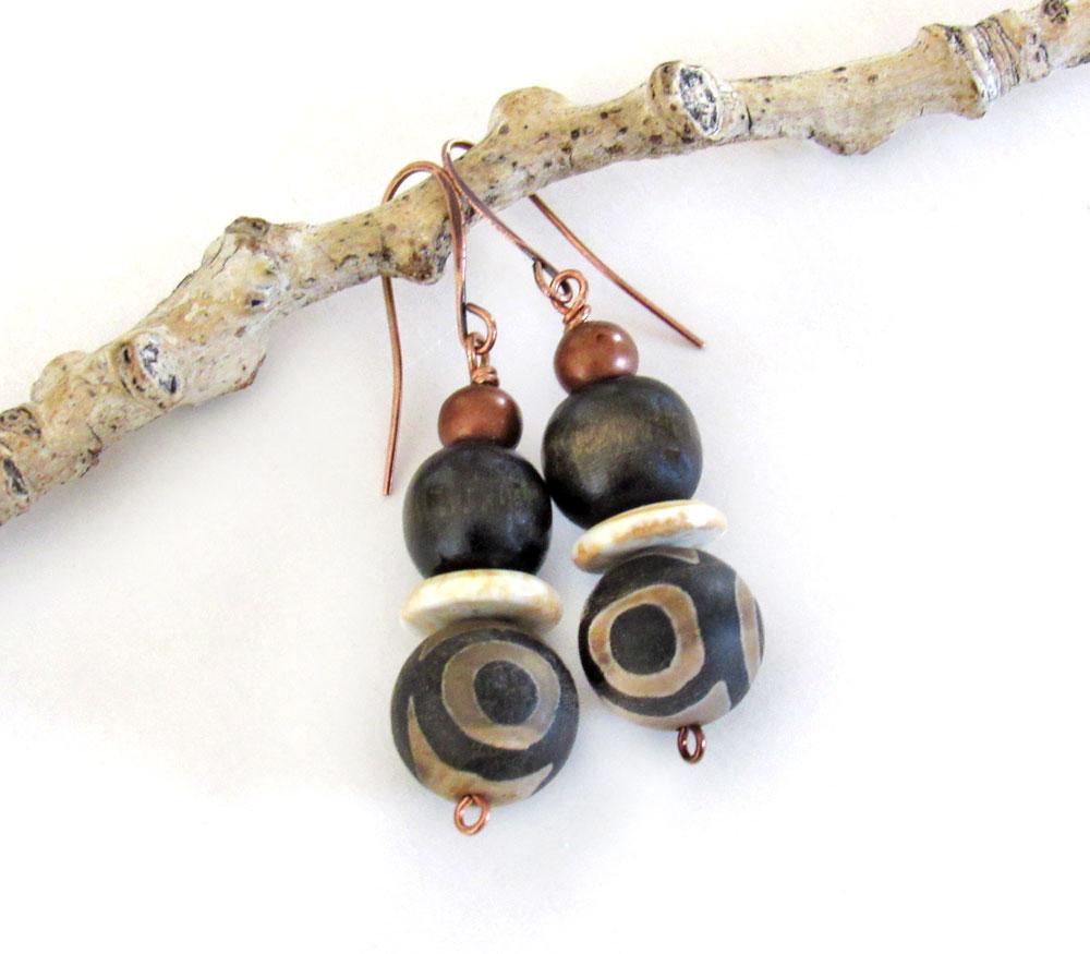 Tibetan Eye Agate Stone Earrings with Copper and Brown Wood Beads - Bohemian Ethnic African Style Jewelry