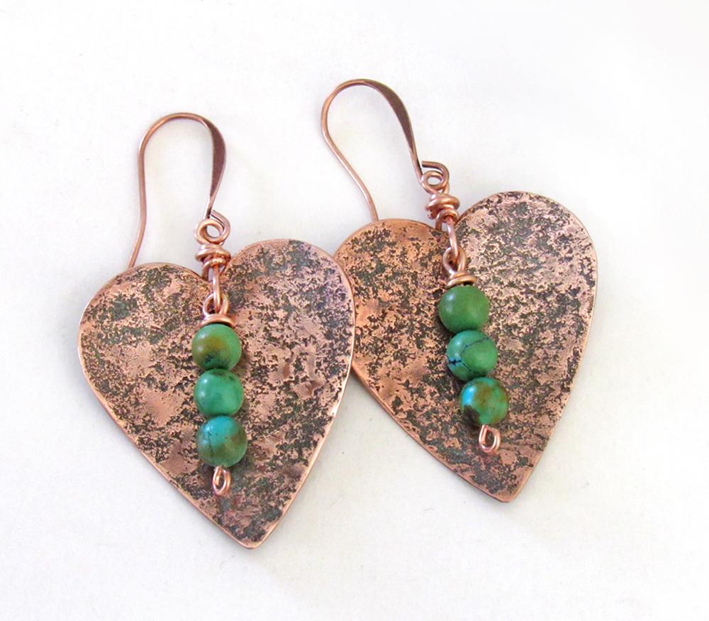 Rustic Copper Heart Earrings with Dangling Turquoise Stones