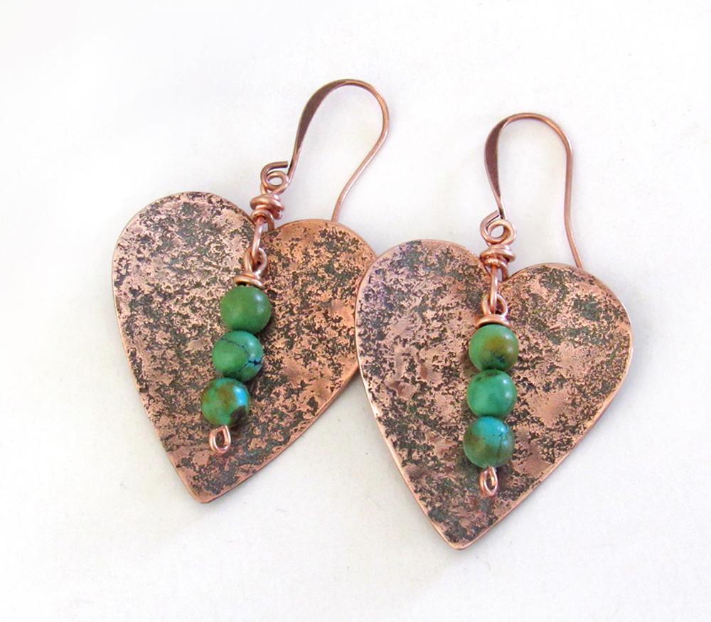 Rustic Copper Heart Earrings with Dangling Turquoise Stones