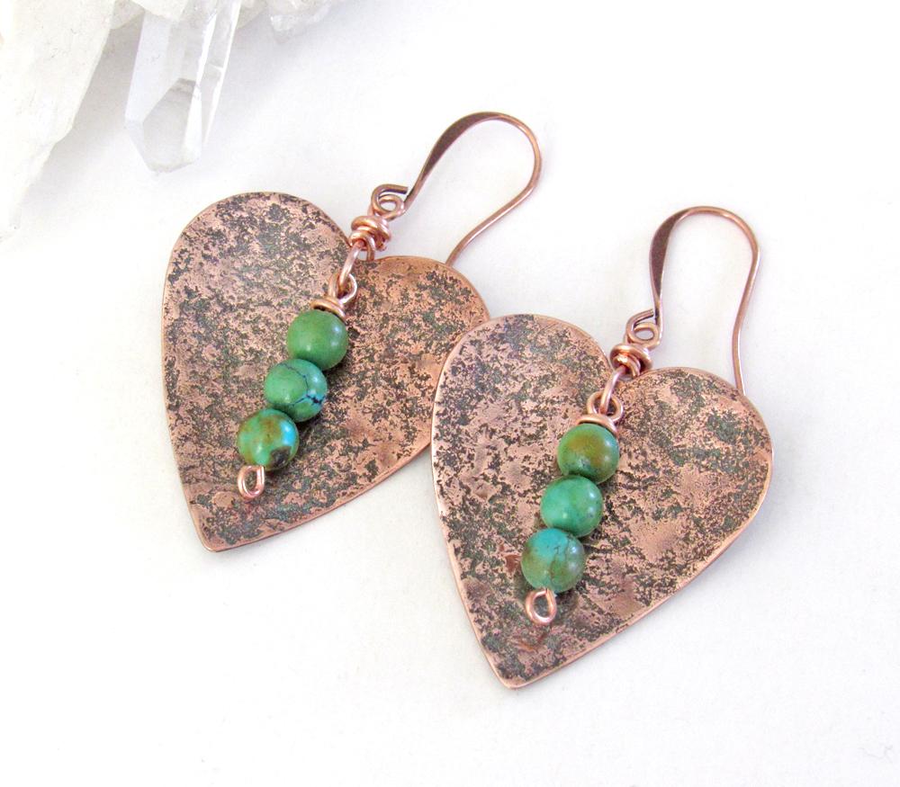 Rustic Copper Heart Earrings with Dangling Turquoise Stones