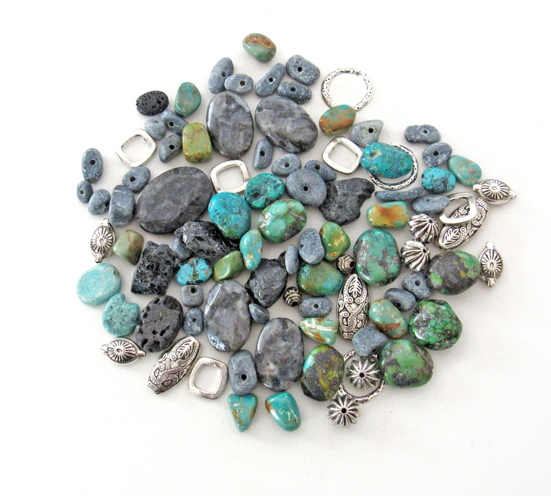 Mixed Bead Lot for Jewelry Making - Turquoise, Larvikite Norwegian Moonstone, Black Lava, Silver Tone Metal Beads - Destash Jewelry Supply