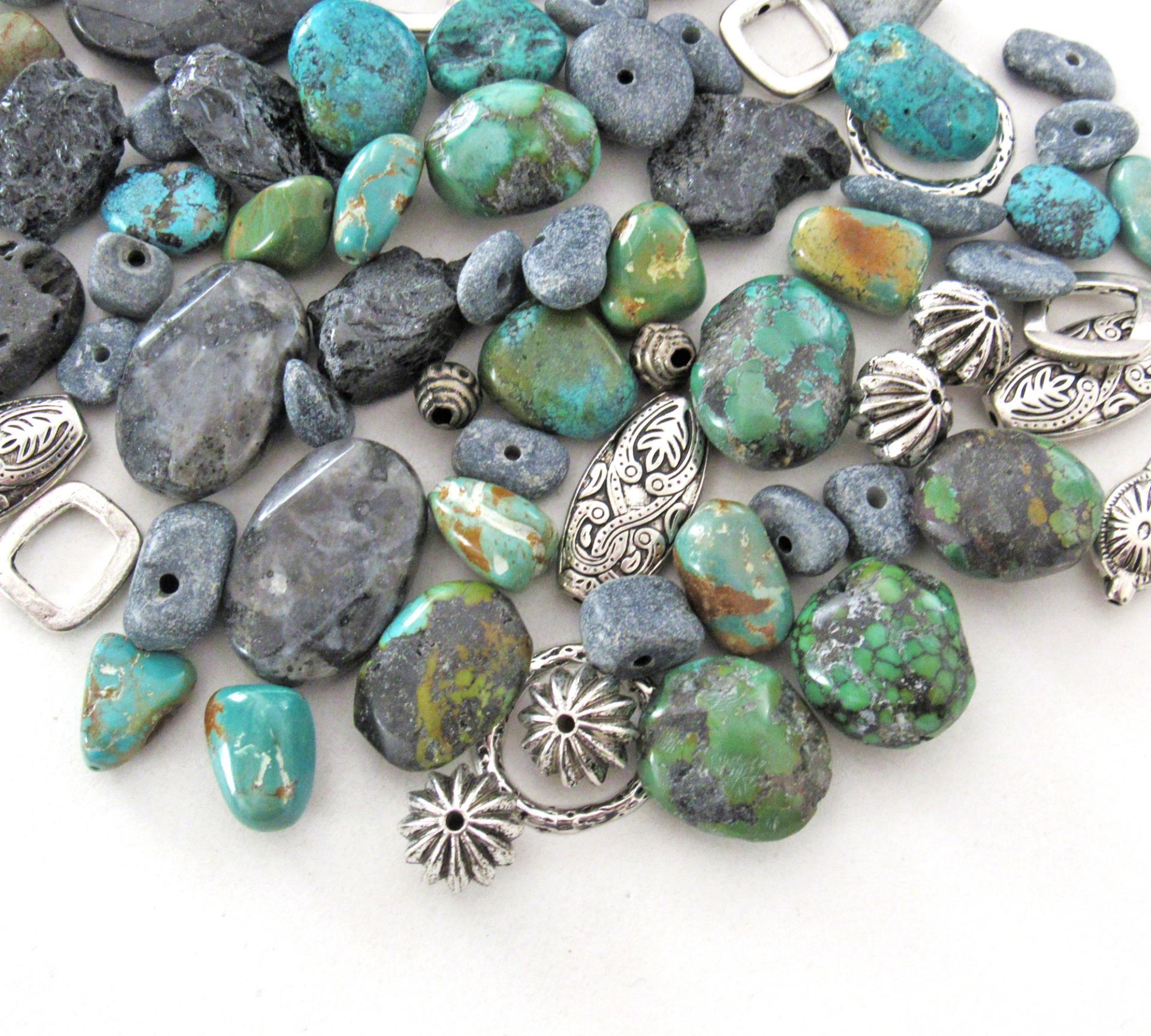 Mixed Bead Lot for Jewelry Making - Turquoise, Larvikite Norwegian Moonstone, Black Lava, Silver Tone Metal Beads - Destash Jewelry Supply