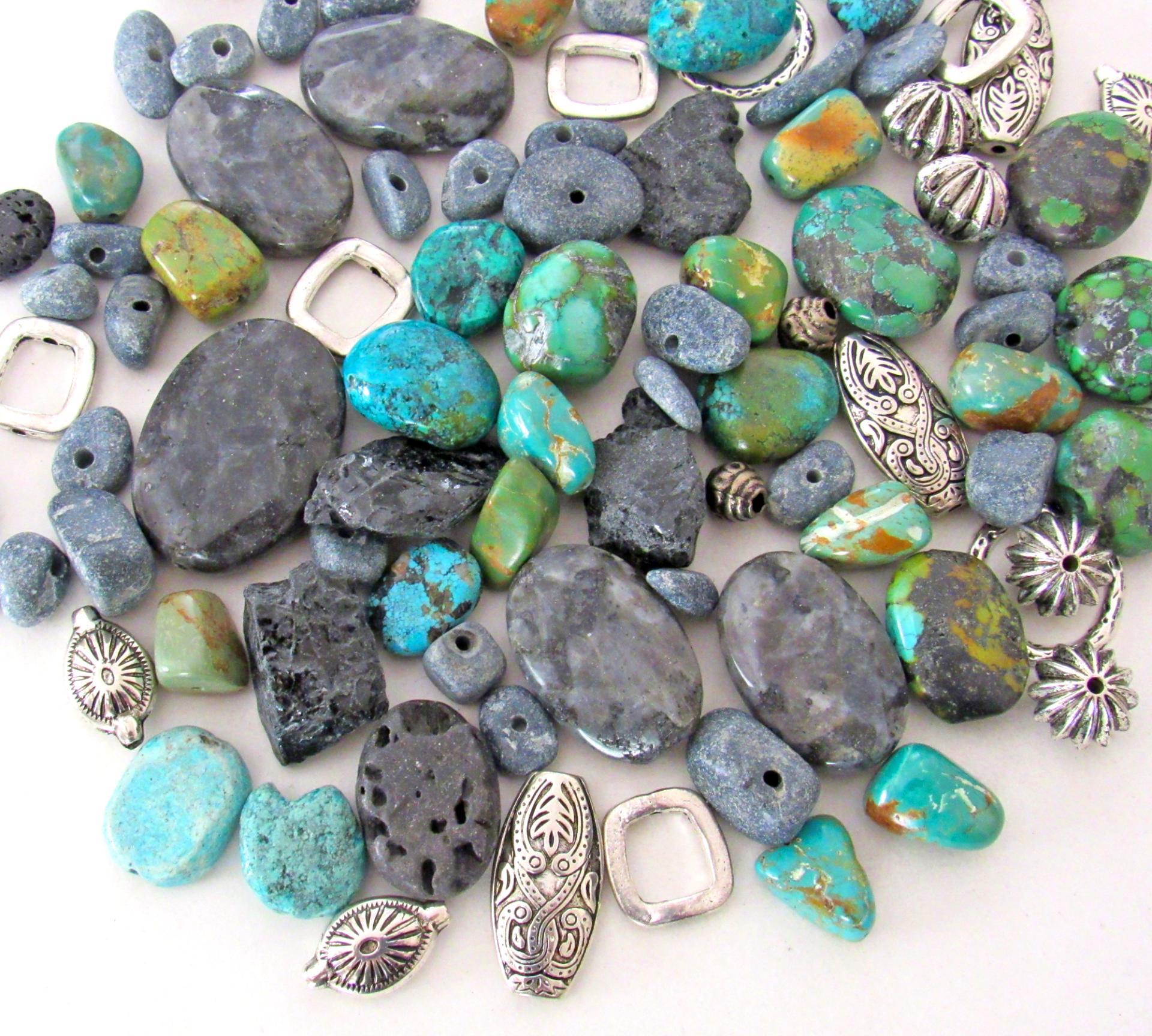 Mixed Bead Lot for Jewelry Making - Turquoise, Larvikite Norwegian Moonstone, Black Lava, Silver Tone Metal Beads - Destash Jewelry Supply
