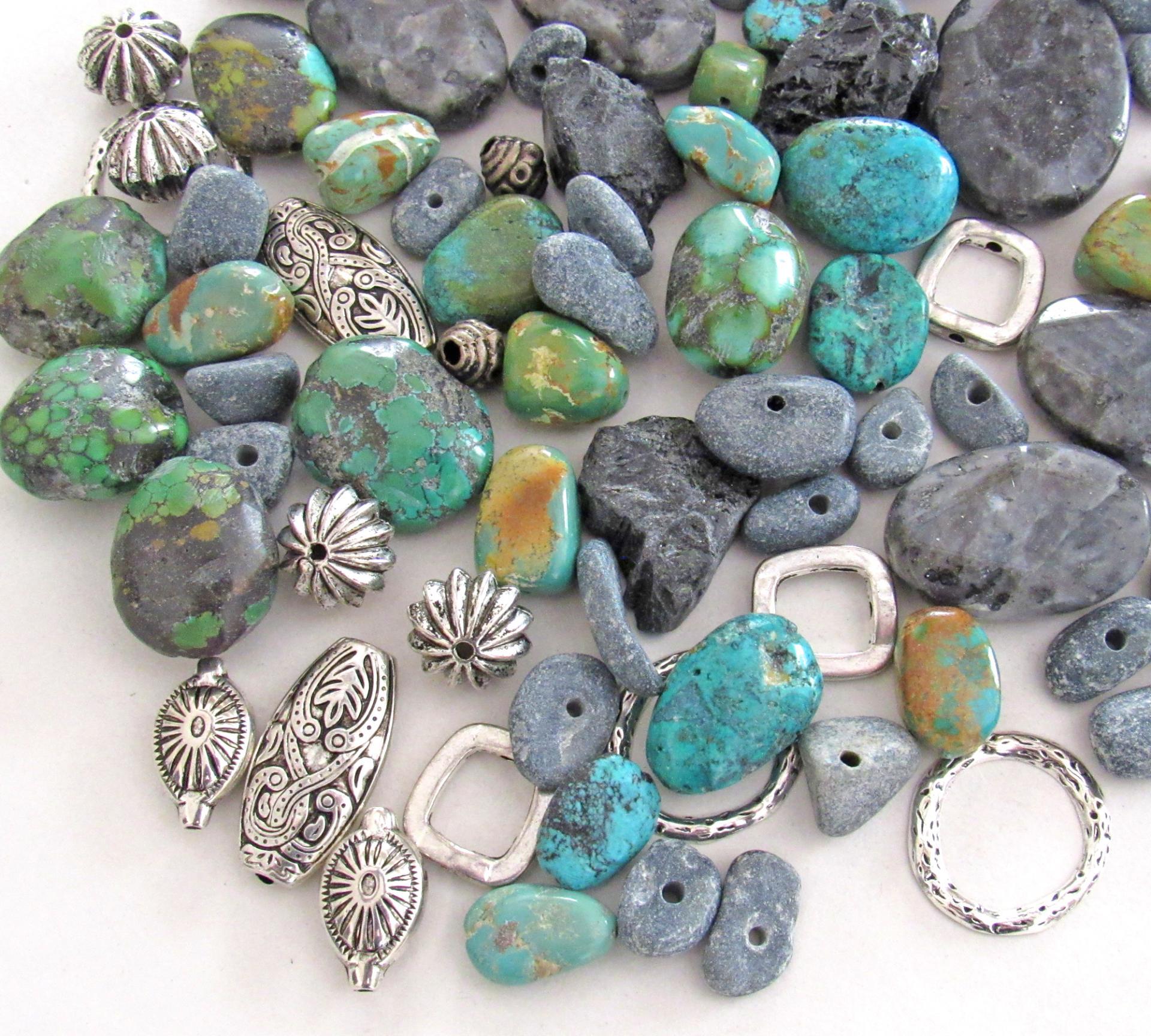 Mixed Bead Lot for Jewelry Making - Turquoise, Larvikite Norwegian Moonstone, Black Lava, Silver Tone Metal Beads - Destash Jewelry Supply
