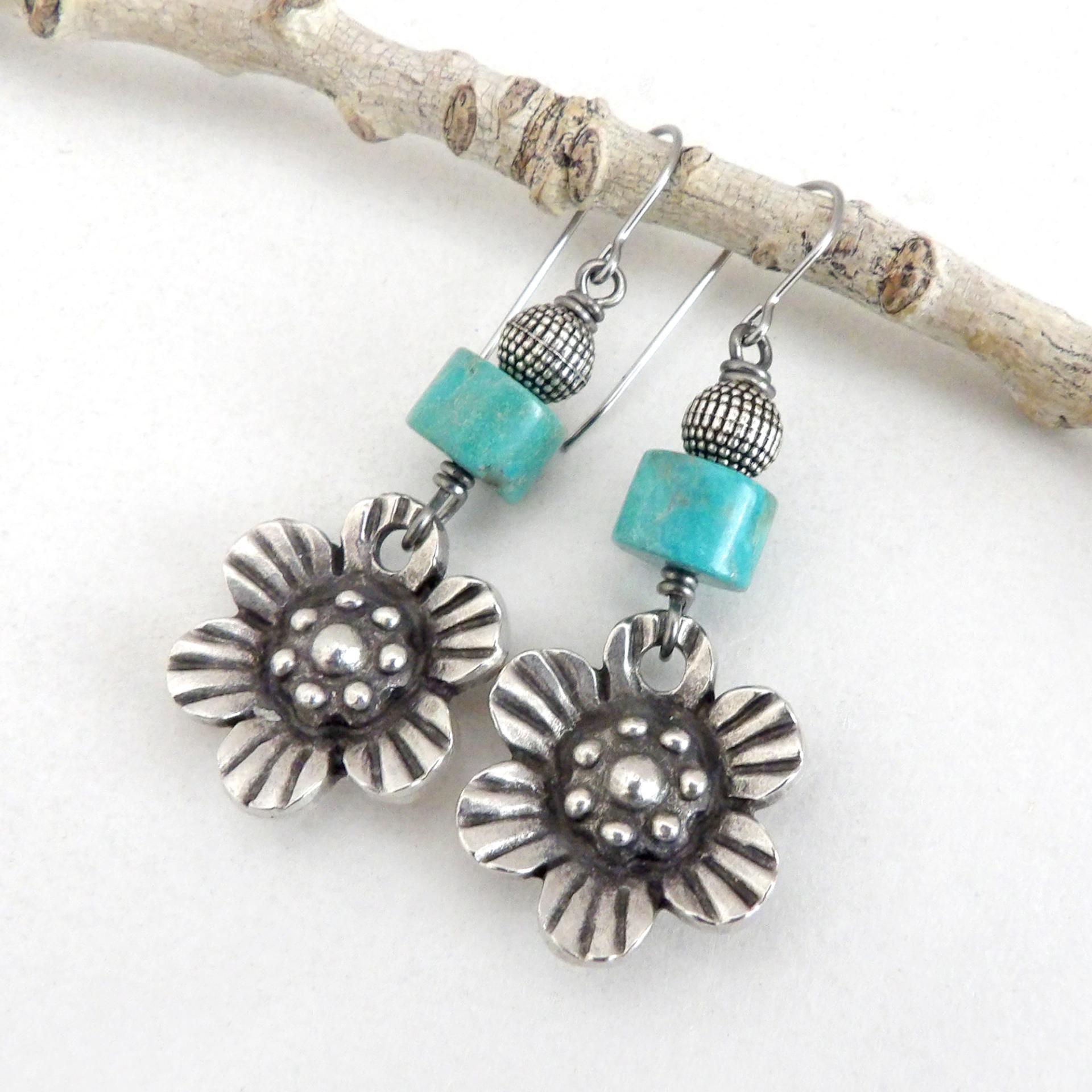 Flower Silver Tone Pewter Earrings with Turquoise Stones -  Nature Lover Jewelry Gifts for Women
