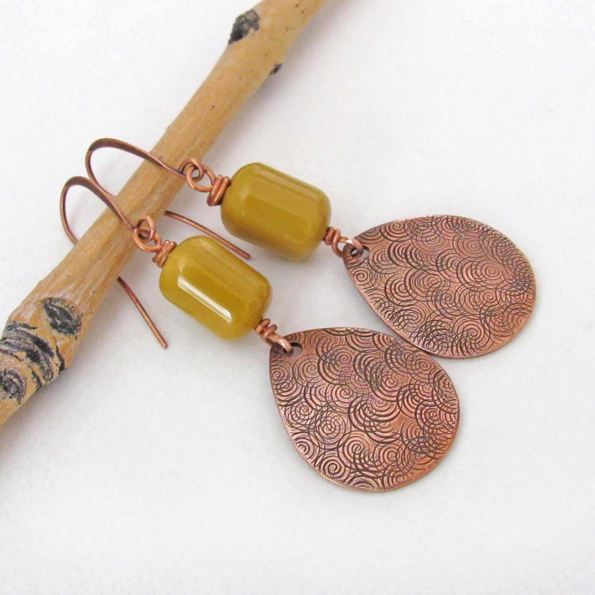 Yellow Jasper Stone Earrings with Hand Stamped Copper Dangles - Artisan Handmade Earthy Natural Stone Jewelry