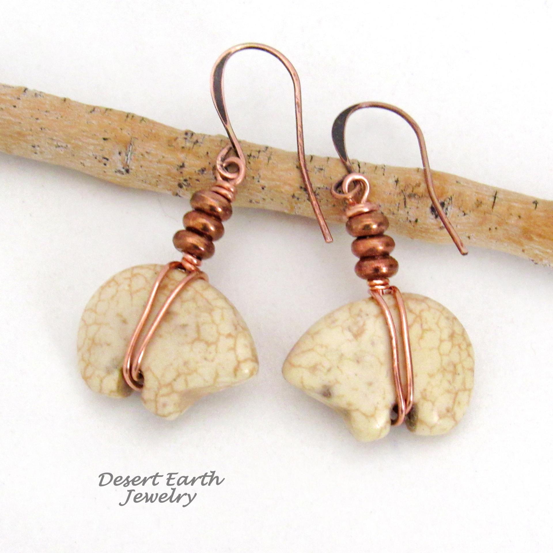 Small Zuni Bear Carved Stone Earrings with Copper Beads - Boho Tribal Native Style Southwestern Jewelry Gifts for Women