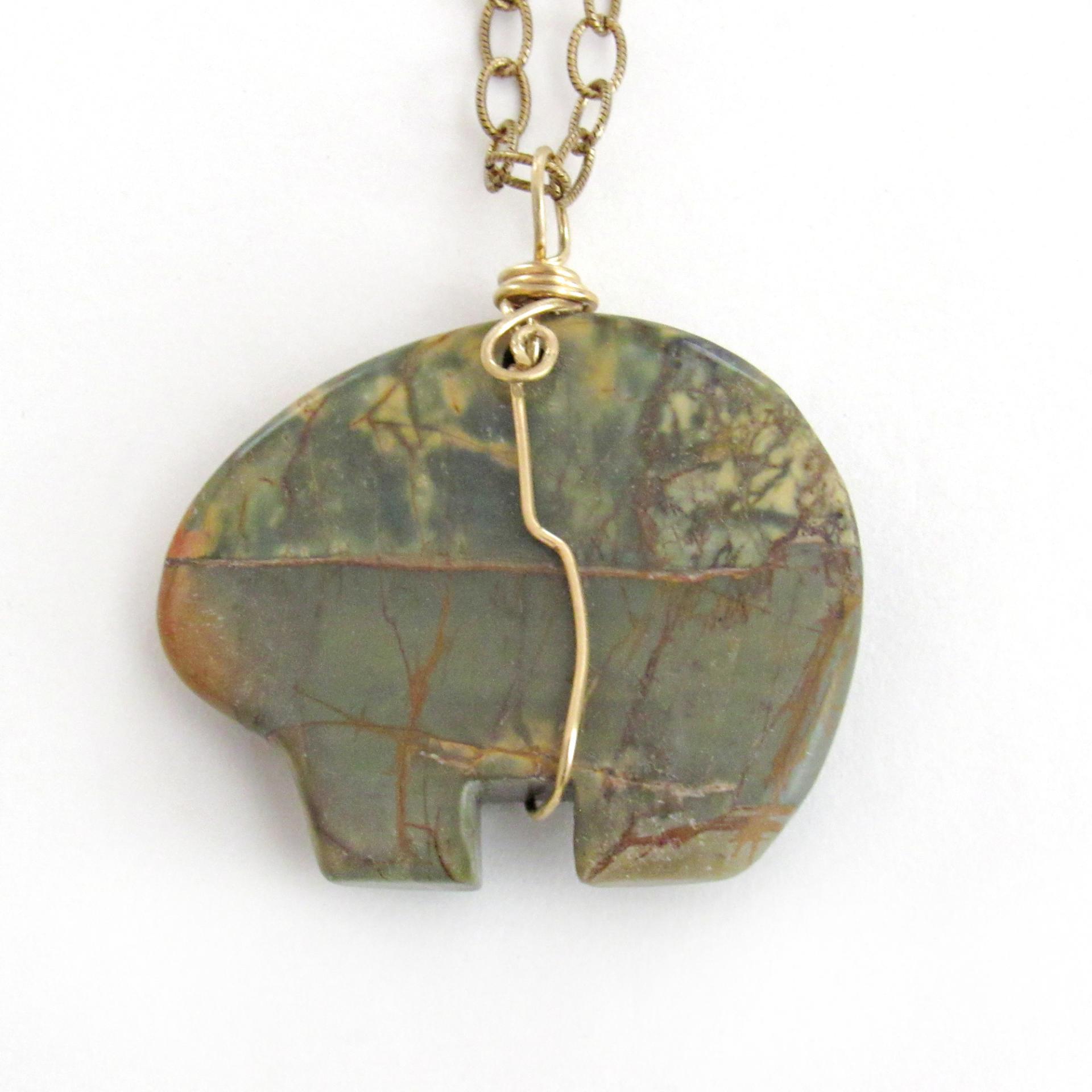 Zuni Bear Jasper Stone Pendant on Brass Chain Necklace - Southwest Style Jewelry for Men & Women
