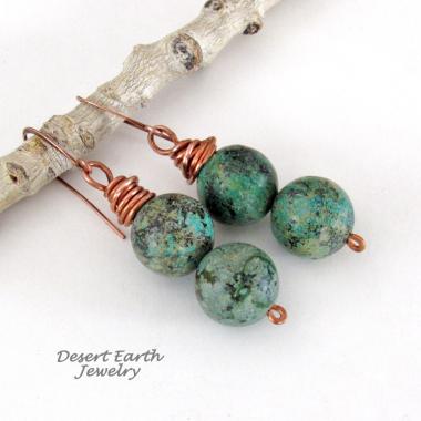 African Turquoise Jasper Stone Earrings Wire Wrapped in Copper - Natural Earthy Boho Style Gemstone Jewelry 