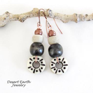 Boho Tribal Dangle Earrings with Copper, Wood & Carved African Bone & Glass Beads