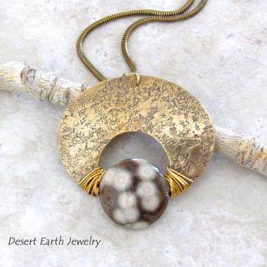 Ocean Jasper & Gold Brass Pendant Necklace - Artisan Handmade One of a Kind Natural Stone Jewelry