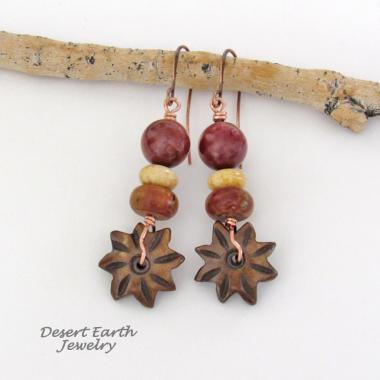 Brown Carved Wood Flower Earrings with Jasper & Fossilized Coral Beads - Earthy Natural Stone Jewelry 