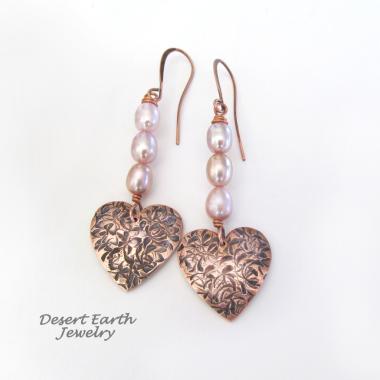 Copper Heart Dangle Earrings with Pink Pearls - Romantic Jewelry Gifts for Women