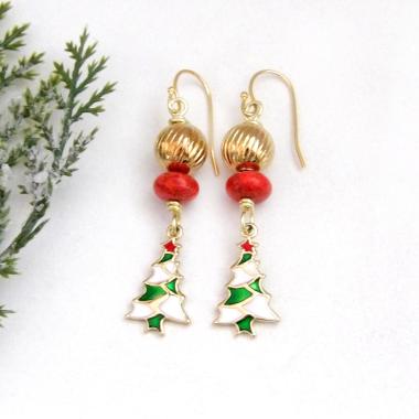 Small Christmas Tree Dangle Earrings: 14K Gold Plated with Red Coral & Brass Beads - Colorful Christmas Holiday Jewelry Gifts for Women