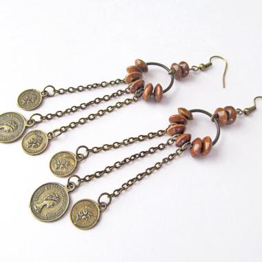 Long Vintage Gypsy Chandelier Earrings with Faux Coin Dangles - Bohemian Hippie Fashion Costume Jewelry