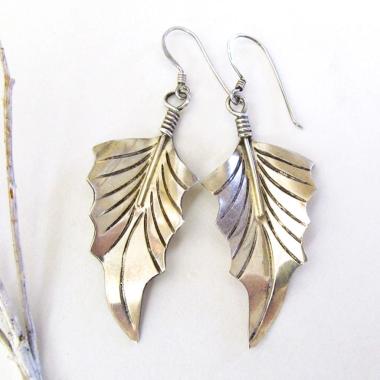 Hand Stamped Sterling Silver Leaf Earrings - Modern Earthy Nature Jewelry 