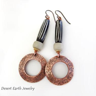 Copper Hoop Dangle Earrings with African Batik Bone Beads - Boho Hippie African Tribal Style Jewelry