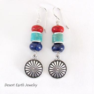 Colorful Boho Southwestern Silver Concho Earrings with Turquoise, Red Coral & Lapis Stones