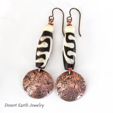 Copper Dangle Earrings with African Batik Bone Beads - Handmade Ethnic Boho Tribal Jewelry