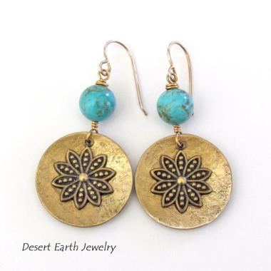 Gold Brass Dangle Earrings with Blue Turquoise Beads & Flower Charms - Gifts for Nature Lovers