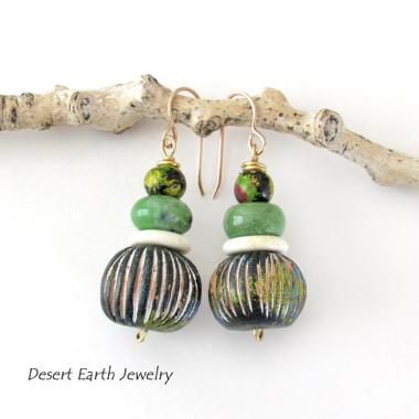 Carved African Clay Earrings with Green Serpentine Gemstones - Earthy Boho Style Handmade Jewelry