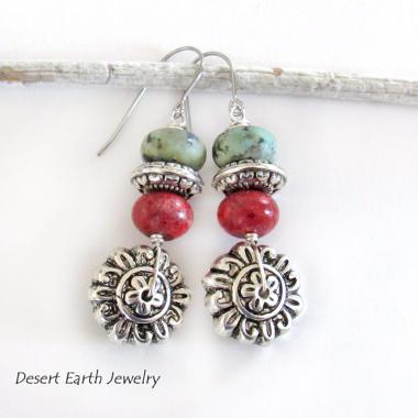 Silver Flower Earrings with African Turquoise & Red Coral - Boho Style Nature Jewelry