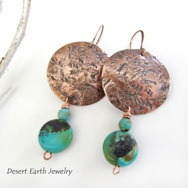 Hammered Copper Earrings with Natural Turquoise Stone Dangles - Artisan Handmade Rustic Earthy Jewelry