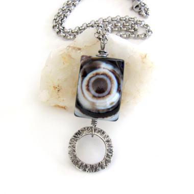 Eye Agate Black White Stone Silver Pewter Necklace - One of a Kind Unique Natural Stone Jewelry