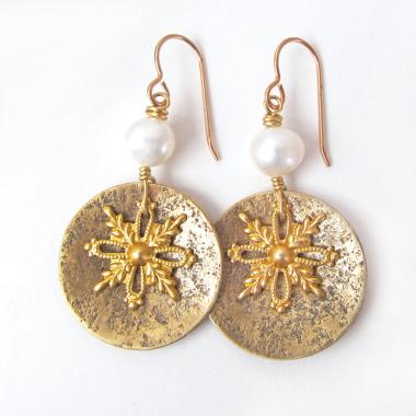 Gold Brass Snowflake Dangle Earrings with White Freshwater Pearls - Christmas Holiday Winter Jewelry