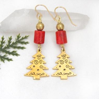 Christmas Tree Earrings 18K Gold Plated with Red Coral - Holiday Christmas Jewelry Gifts for Women