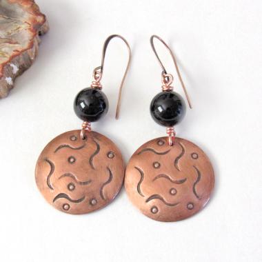Round Hand Stamped Copper Earrings with Black Onyx Gemstones - 7th Anniversary Gift for Wife