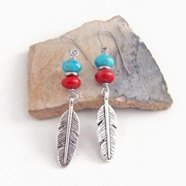 Silver Pewter Feather Earrings with Turquoise and Red Coral - Artisan Handmade Boho Tribal Southwestern Style Jewelry