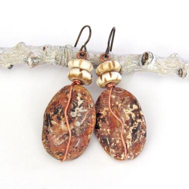 Rusty Brown Agate Earrings Wrapped in Copper Wire - Earthy Natural Stone Jewelry