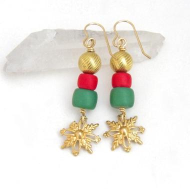 Gold Brass Snowflake Earrings with Red & Green Beads - Christmas Holiday Jewelry Gifts for Women