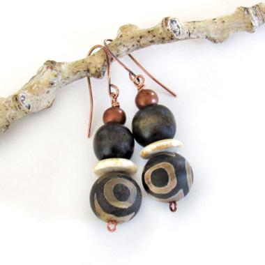 Tibetan Eye Agate Stone Earrings with Copper and Brown Wood Beads - Bohemian Ethnic African Style Jewelry